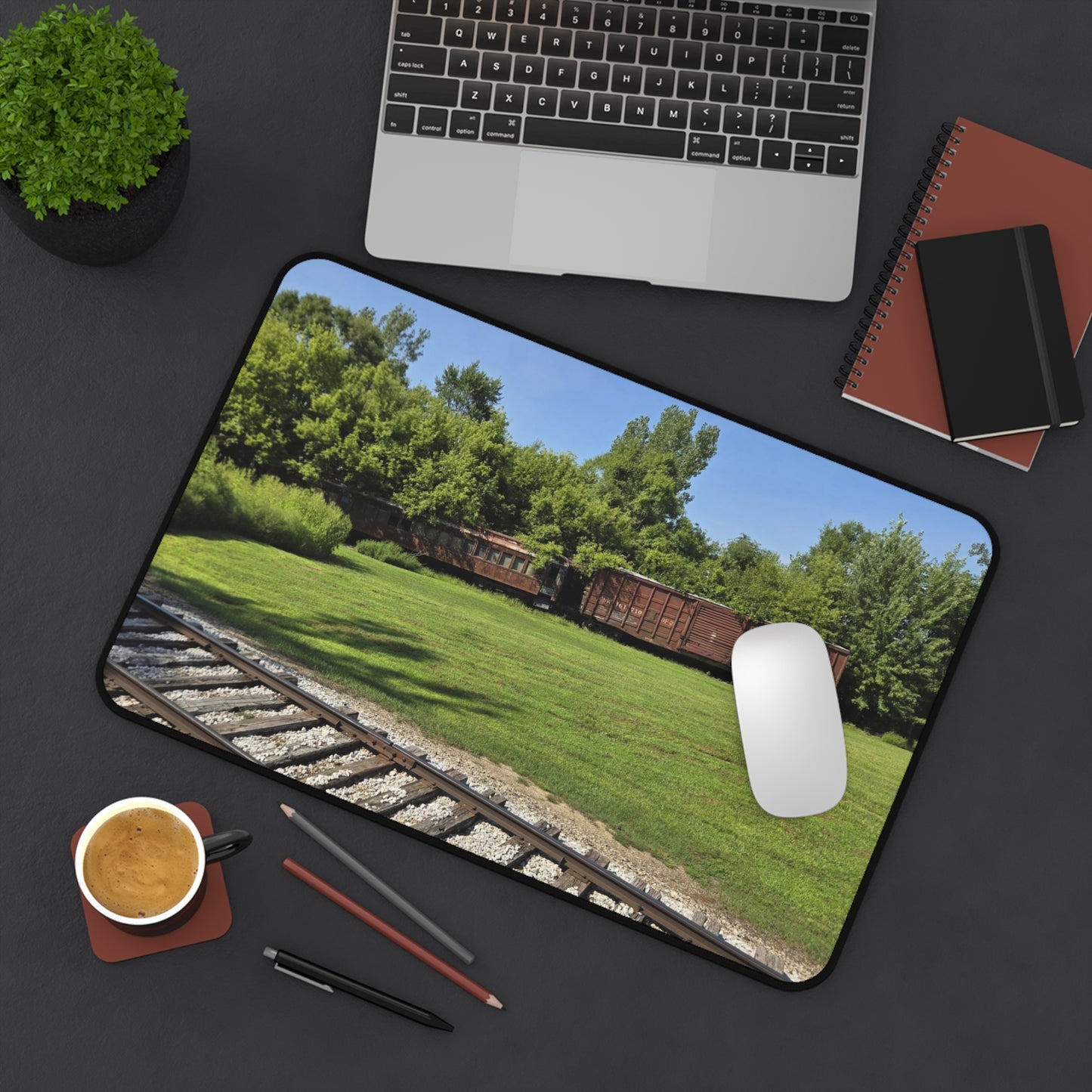 Desk Mat with old boxcars